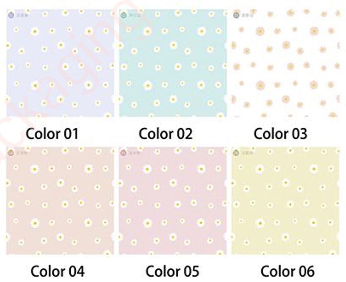 Six color swatches with floral patterns and labeled 'Color 01' to 'Color 06'.