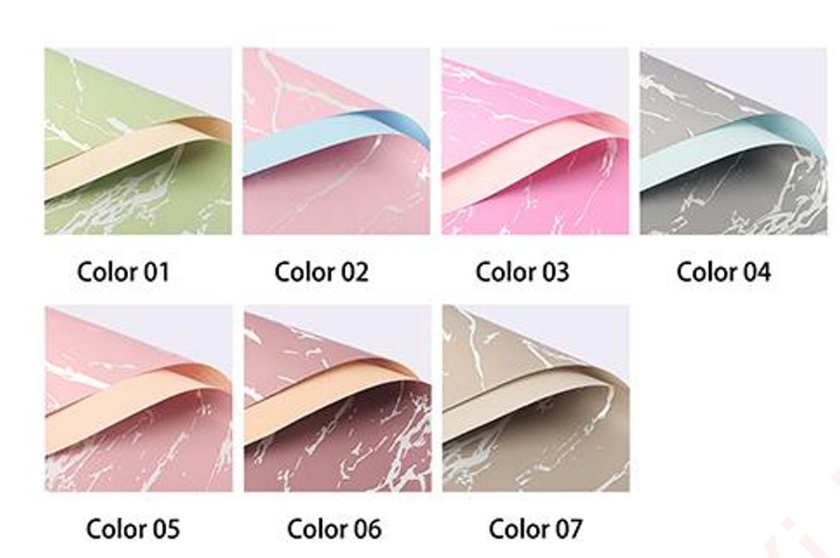 Color swatches of decorative paper with marble-like patterns in various colors.