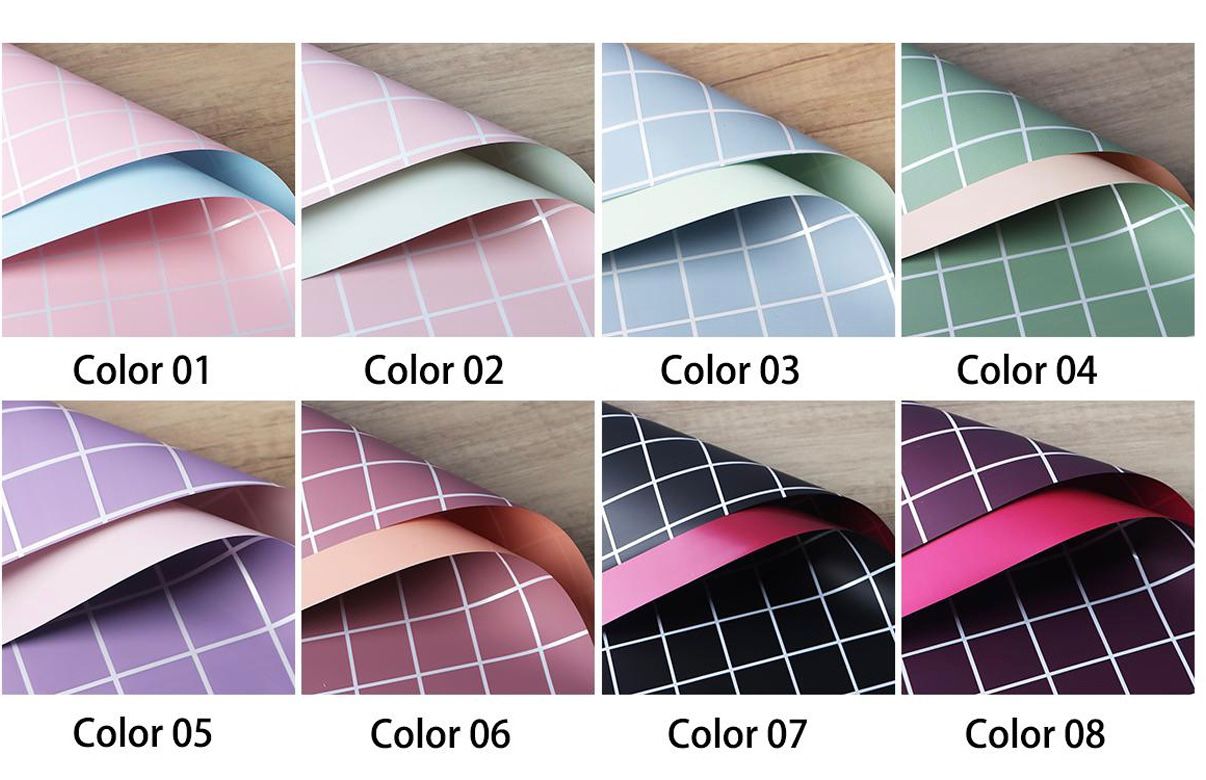 Grid of fabric swatches in various colors with grid patterns